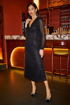 Yumi Black Sequin Long Sleeve Midi Dress
