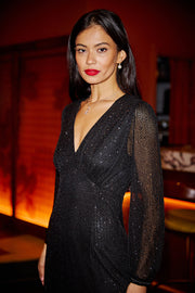Yumi Black Sequin Long Sleeve Midi Dress