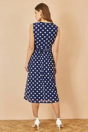 Yumi Navy Polka Dot Mesh Wrap Skater Dress With Pockets