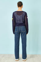 Yumi Navy Tie Front Cardigan With Flower Design
