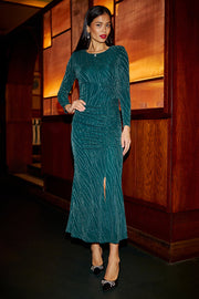 Yumi Green Mesh Fitted Ruched Midi Dress With Long Sleeves