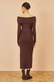 Yumi Brown Bardot Knitted Fitted Midi Dress