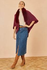 Yumi Burgundy Fur Collar Shrug With Tassel Hem