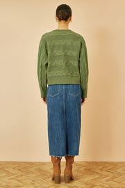 Yumi Green Cable Knit Relaxed Fit Jumper