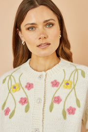 Yumi Beige Flower Embroidered Chunky Knit Cardigan