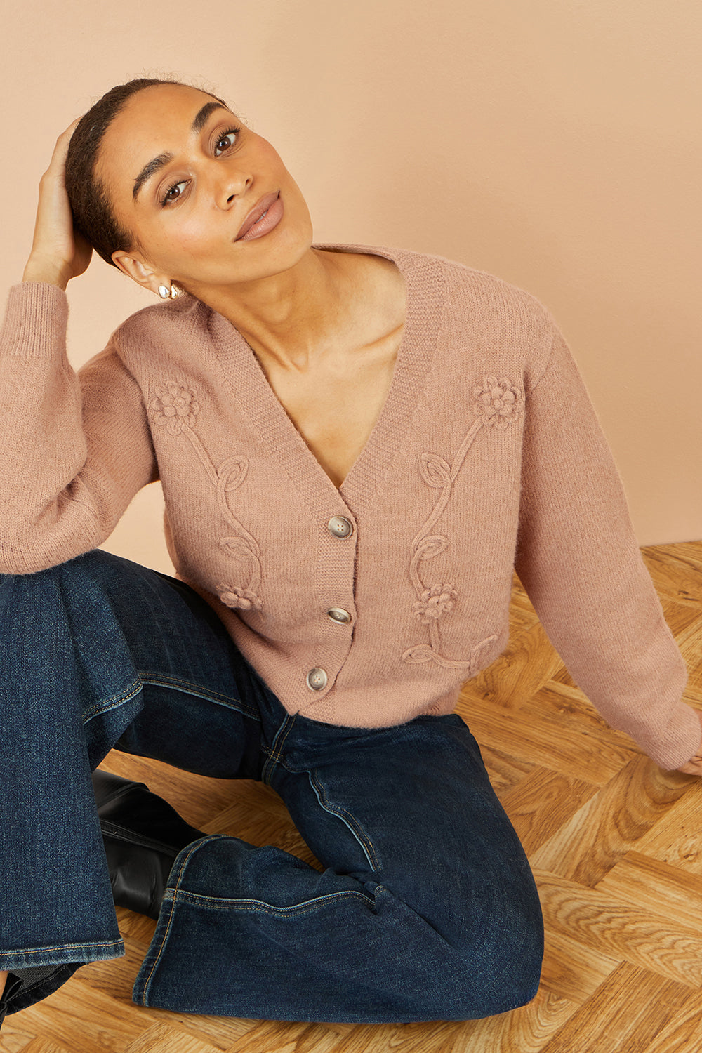 Yumi Brown Floral Embroidered Relaxed Fit Cardigan