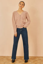 Yumi Brown Floral Embroidered Relaxed Fit Cardigan