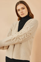 Yumi Beige Edge to Edge Cardigan With Flower Detail Sleeves