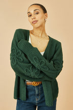 Yumi Green Edge to Edge Cardigan With Flower Detail Sleeves