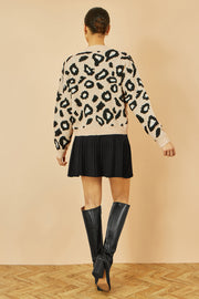 Yumi Beige Animal Print Intarsia Tie Front Cardigan
