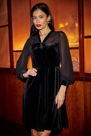 Yumi Black Velvet Pussy bow Sheer Sleeves Skater Dress