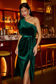 Yumi Green Velvet Frill One Shoulder Midi Dress With Split Hem