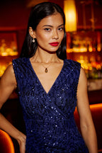 Yumi Navy Sequin Fitted Wrap Dress With Split Hem