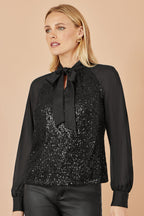 Yumi Black Sequin Pussy Bow Top