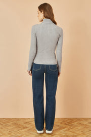 Yumi Grey Ribbed Knit Roll Neck Jumper