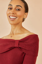 Yumi Burgundy Sparkle Bardot Jumper With Diamante Detail