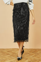 Yumi Black Hanging Sequin Fitted Midi Skirt