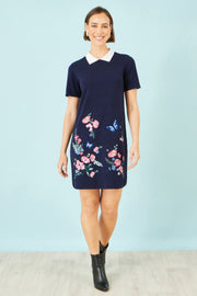 Yumi Navy Embroidered Knitted Floral Tunic