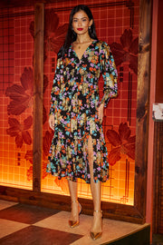 Yumi Black Floral And Foil Ruched Midi Dress With Split Hemline