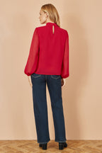 Yumi Red Pleated Long Sleeve Top With High Neck