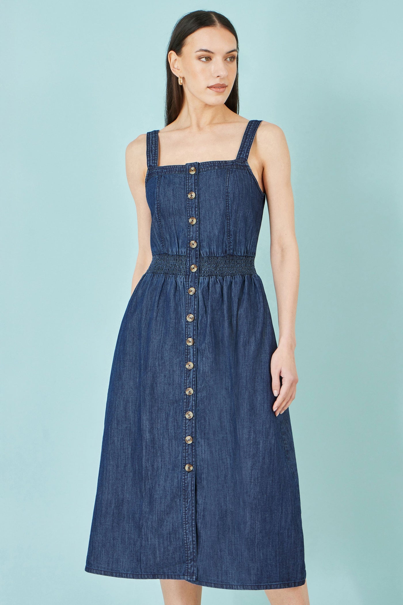 Yumi Blue Chambray Cotton Ruched Midi Sun Dress