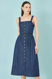 Yumi Blue Chambray Cotton Ruched Midi Sun Dress