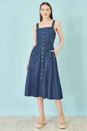 Yumi Blue Chambray Cotton Ruched Midi Sun Dress