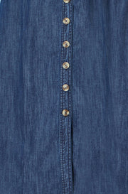 Yumi Blue Chambray Cotton Ruched Midi Sun Dress