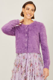Yumi Lavender Eyelash Knit Cropped Cardigan