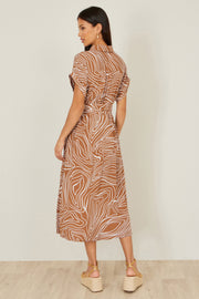 Yumi Brown Abstract Swirl Print Relaxed Midi Shirt Dress With Belt