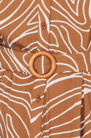 Yumi Brown Abstract Swirl Print Relaxed Midi Shirt Dress With Belt