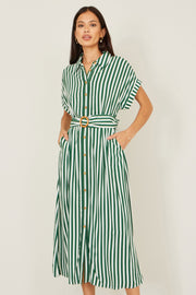Yumi Green Stripe Print Relaxed Midi Shirt Dress With Belt