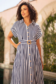 Yumi Navy Stripe Print Relaxed Midi Shirt Dress With Belt