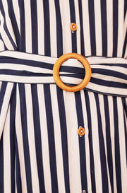 Yumi Navy Stripe Print Relaxed Midi Shirt Dress With Belt