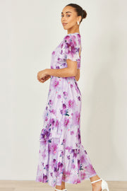 Yumi Lavender Floral Print Frill Midi Dress