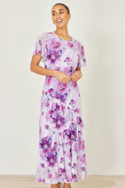 Yumi Lavender Floral Print Frill Midi Dress