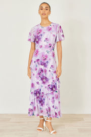 Yumi Lavender Floral Print Frill Midi Dress