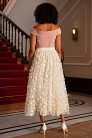 Yumi Ivory Mesh Floral Applique Midi Skirt
