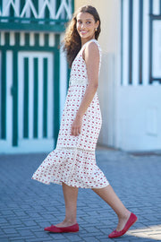 Yumi White Cherry Print Lace Trim Cotton Midi Dress