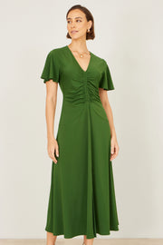 Yumi Green Ruched Front Stretch Midi Dress