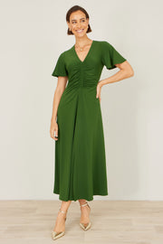 Yumi Green Ruched Front Stretch Midi Dress