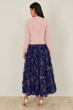 Yumi Navy Floral Ruffle Mesh Midi Skirt
