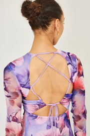 Yumi Purple Floral Mesh Midi Dress With Tie Back