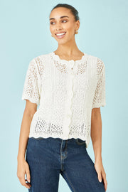 Yumi White Crochet Short Sleeve Cardigan