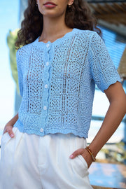 Yumi Blue Crochet Short Sleeve Cardigan