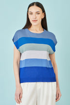Yumi Blue Block Stripe Relaxed Knitted Top
