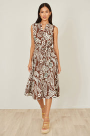 Yumi Brown Leaf Print Shirt Dress