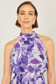 Yumi Purple Abstract Floral Halter Neck Pleated Midi Dress