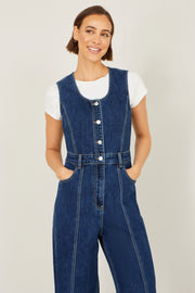 Yumi Blue Denim Stretch Fitted Jumpsuit