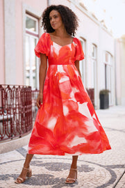Yumi Red Viscose Floral Midi Dress With Puff Sleeves